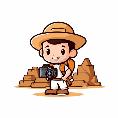 Téléchargez les illustrations : Mignon garçon en chapeau de safari avec caméra. Illustration vectorielle. - en licence libre de droit