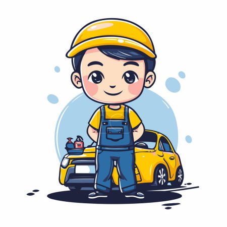 Illustration for Cute cartoon mechanic standing near the yellow car. Vector illustration. - Royalty Free Image