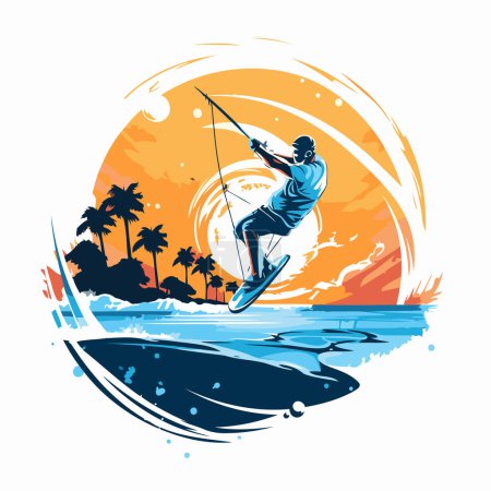 Illustration for Kitesurfing. Silhouette of a surfer on the background of the sunset. Vector illustration - Royalty Free Image