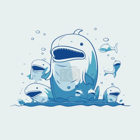 Téléchargez les illustrations : Dessin animé requin mignon dans la mer. Illustration vectorielle d'un requin dessin animé. - en licence libre de droit