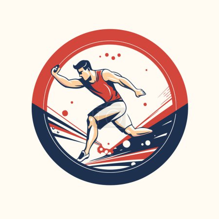 Téléchargez les illustrations : Insigne sport vintage rond avec homme en t-shirt rouge illustration vectorielle isolée - en licence libre de droit