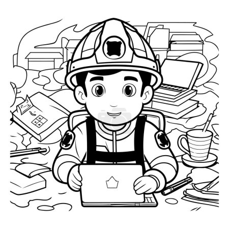 Téléchargez les illustrations : Illustration de dessin animé noir et blanc de pompier ou pompier avec ordinateur portable pour livre à colorier - en licence libre de droit