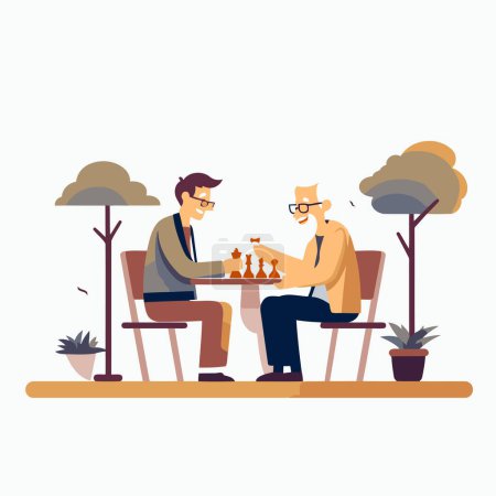 Ilustración de Dos hombres jugando ajedrez en el parque. Ilustración de vector de estilo plano. - Imagen libre de derechos