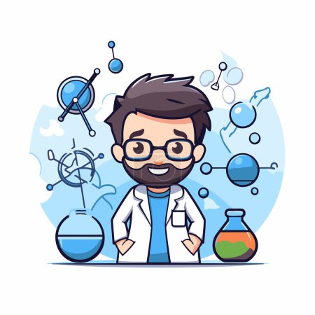 Téléchargez les illustrations : Scientifique avec une barbe et des verres dans un laboratoire. Illustration vectorielle. - en licence libre de droit
