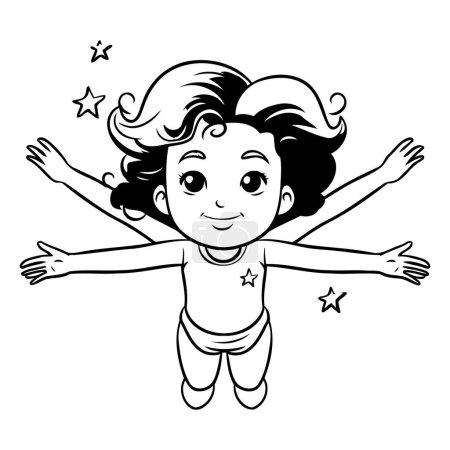 Téléchargez les illustrations : Illustration vectorielle noir et blanc d'une petite fille heureuse les mains en l'air - en licence libre de droit