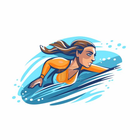Illustration for Surfer girl in swimsuit on surfboard. Vector illustration. - Royalty Free Image
