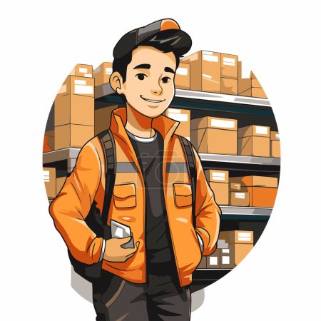 Ilustración de Retrato del trabajador de almacén sonriente en uniforme. Ilustración vectorial en estilo de dibujos animados. - Imagen libre de derechos