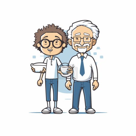 Grandfather and grandson with cup of coffee. Vector illustration in cartoon style.