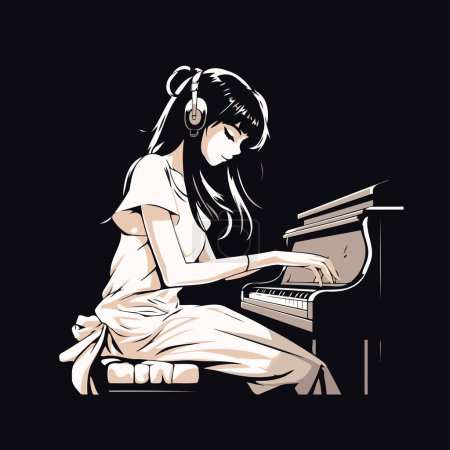 Téléchargez les illustrations : Une fille qui joue du piano. Illustration vectorielle d'une fille dans un casque jouant du piano. - en licence libre de droit