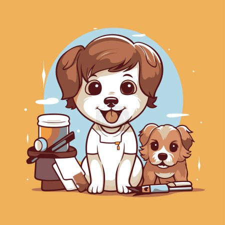 Illustration for Cute cartoon dog and his owner. Vector illustration in a flat style. - Royalty Free Image