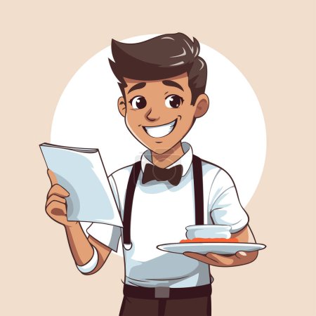 Illustration for Waiter cartoon character with menu. Vector illustration in cartoon style. - Royalty Free Image