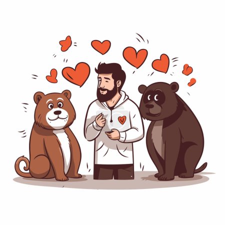 Ilustración de Ilustración de dibujos animados vectoriales de un hombre con barba. sosteniendo un oso de peluche y un oso marrón. - Imagen libre de derechos