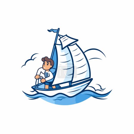 Téléchargez les illustrations : Homme d'affaires naviguant sur un voilier dans la mer. Illustration vectorielle - en licence libre de droit