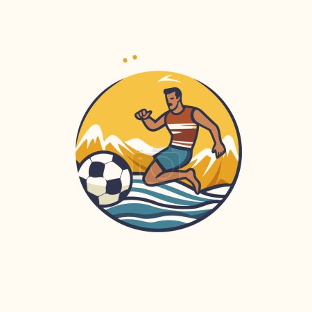 Illustration for Soccer player on the waves with ball. Vector illustration in retro style - Royalty Free Image