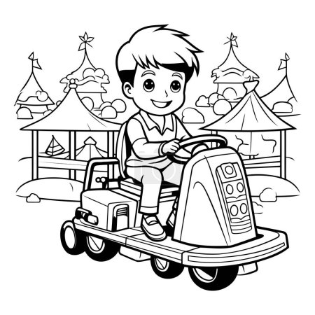 Ilustración de Chico conduciendo un tractor de juguete. Ilustración vectorial en blanco y negro para colorear libro. - Imagen libre de derechos