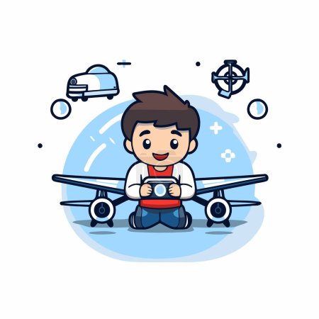 Illustration for Cute boy with airplane. Vector illustration. Flat design style. - Royalty Free Image