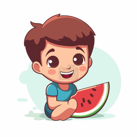 Téléchargez les illustrations : Joli petit garçon assis et mangeant de la pastèque. Illustration vectorielle. - en licence libre de droit