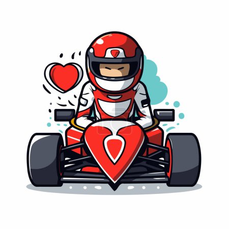 Téléchargez les illustrations : Cartoon pilote de kart avec le cœur sur la piste de course. Illustration vectorielle - en licence libre de droit