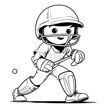 Illustration for Cricket Player - Black and White Cartoon Illustration. Vector - Royalty Free Image