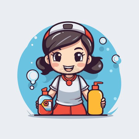 Illustration for Cute little girl with cleaning products cartoon vector illustration graphic design. - Royalty Free Image