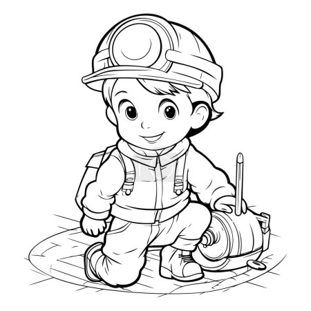 Ilustración de Ilustración de dibujos animados en blanco y negro de lindo personaje de niño bombero para colorear libro - Imagen libre de derechos
