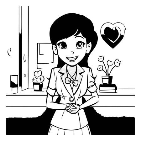 Téléchargez les illustrations : Businesswoman dessin animé dans le bureau. Illustration vectorielle noir et blanc. - en licence libre de droit