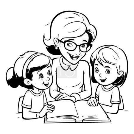 Illustration for Grandmother reading a book with her grandchildren. black and white vector illustration - Royalty Free Image