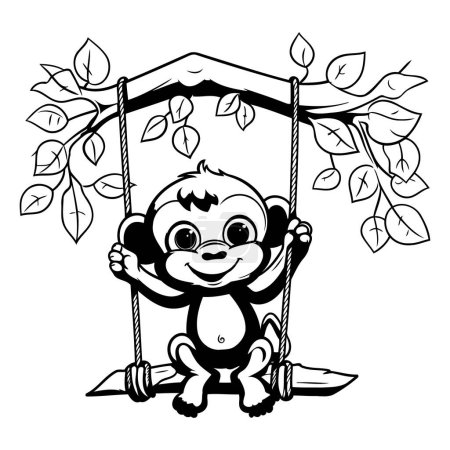 Illustration for Cute monkey swinging on a swing. Black and white vector illustration. - Royalty Free Image