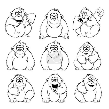 Ilustración de Conjunto de personajes de dibujos animados de mono. Ilustración vectorial en blanco y negro para colorear libro. - Imagen libre de derechos