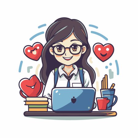 Illustration for Vector illustration of a woman doctor in glasses working on laptop computer. - Royalty Free Image
