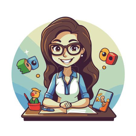 Ilustración de Ilustración vectorial de una profesora en gafas sentada en su escritorio y haciendo los deberes - Imagen libre de derechos