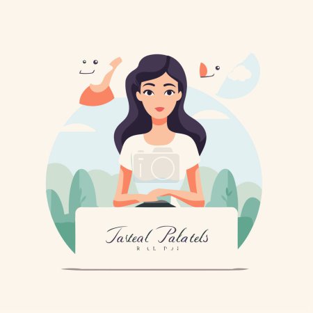 Illustration for Young woman sitting at table in park. Vector illustration in flat style - Royalty Free Image