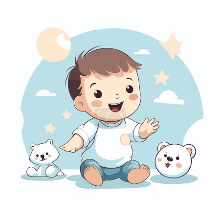 Téléchargez les illustrations : Bébé garçon mignon jouant avec des ours en peluche. Illustration vectorielle. - en licence libre de droit