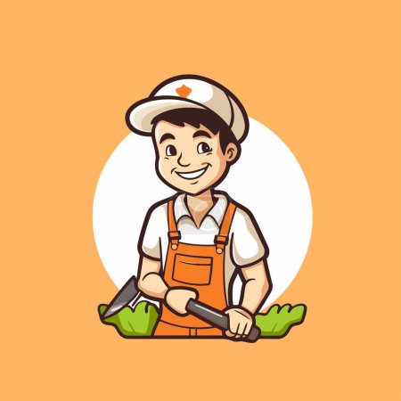 Illustration for Cartoon vector illustration of a gardener holding a shovel in his hand - Royalty Free Image