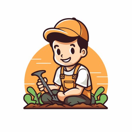 Téléchargez les illustrations : Illustration vectorielle d'un fermier souriant travaillant dans le jardin avec une pelle - en licence libre de droit