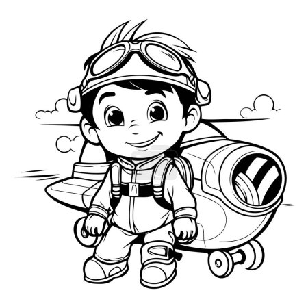 Ilustración de Ilustración de dibujos animados en blanco y negro del personaje piloto de niño para colorear libro - Imagen libre de derechos