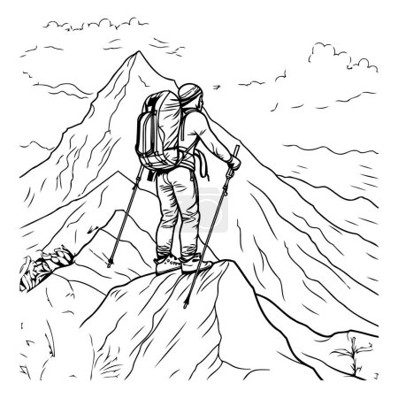 Ilustración de Caminante en la cima de una montaña. Ilustración vectorial dibujada a mano. - Imagen libre de derechos