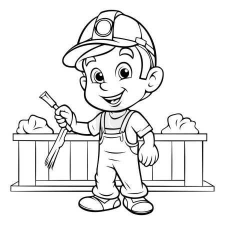 Téléchargez les illustrations : Illustration de dessin animé noir et blanc de mignon petit garçon travailleur de la construction personnage livre à colorier - en licence libre de droit