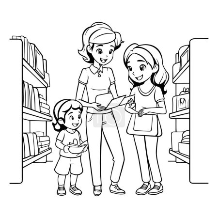 Téléchargez les illustrations : Mignon shopping de famille dans les supermarchés illustration vectorielle dessin animé design graphique en noir et blanc - en licence libre de droit