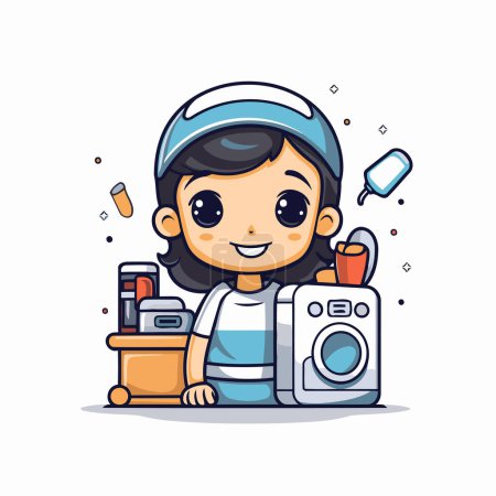 Illustration for Cute little girl with washing machine and toothpaste. Vector illustration. - Royalty Free Image
