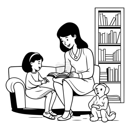 Téléchargez les illustrations : Mère et fille lisant un livre ensemble à la maison. Illustration vectorielle noir et blanc. - en licence libre de droit