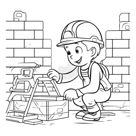 Illustration for Illustration of a Kid Boy Building a Brick Wall - Coloring Page - Royalty Free Image