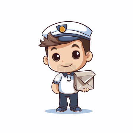 Téléchargez les illustrations : Joli garçon marin avec enveloppe sur fond blanc. Illustration vectorielle. - en licence libre de droit