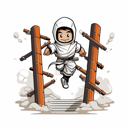 Ilustración de Astronauta salta sobre la valla. Ilustración vectorial de un personaje de dibujos animados. - Imagen libre de derechos