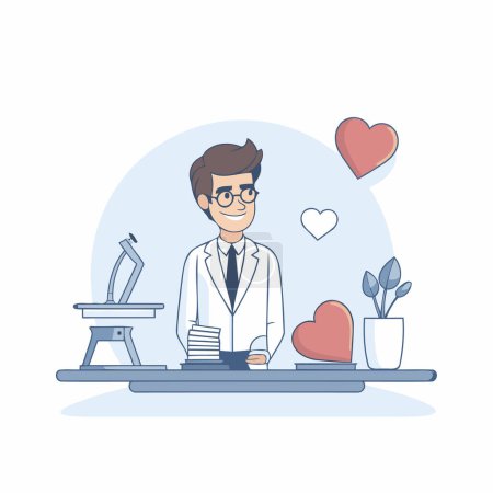Téléchargez les illustrations : Illustration vectorielle d'un médecin en manteau blanc et lunettes. assis à une table avec un ordinateur portable et un cœur rouge. - en licence libre de droit