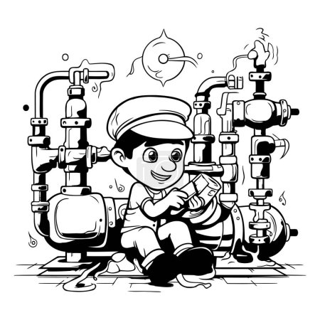 Téléchargez les illustrations : Illustration d'un enfant garçon plombier plombier Réparation d'un tuyau - en licence libre de droit