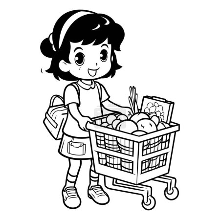Ilustración de Ilustración de dibujos animados en blanco y negro de la niña con la cesta de la compra llena de supermercados Libro para colorear - Imagen libre de derechos
