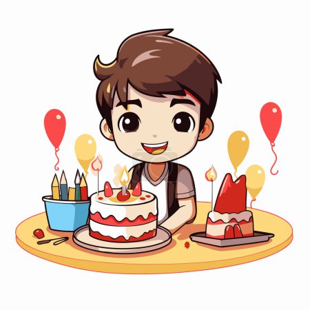 Illustration for Cute boy celebrating his birthday with cake and balloons. Vector illustration. - Royalty Free Image