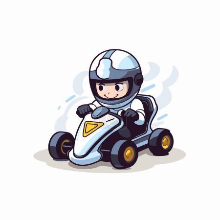 Ilustración de Chico de dibujos animados conduciendo un coche de carreras sobre fondo blanco. Ilustración vectorial. - Imagen libre de derechos