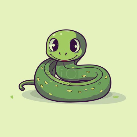Téléchargez les illustrations : Mignon serpent vert sur un fond vert. Illustration vectorielle de dessin animé. - en licence libre de droit